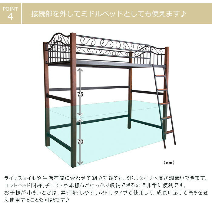 クラシック調ロフトベッド シングル ベリーズ ロフト ベッド 子供 アイアンベッド アンティーク ビンテージ調 ヴィンテージ調(代引不可)