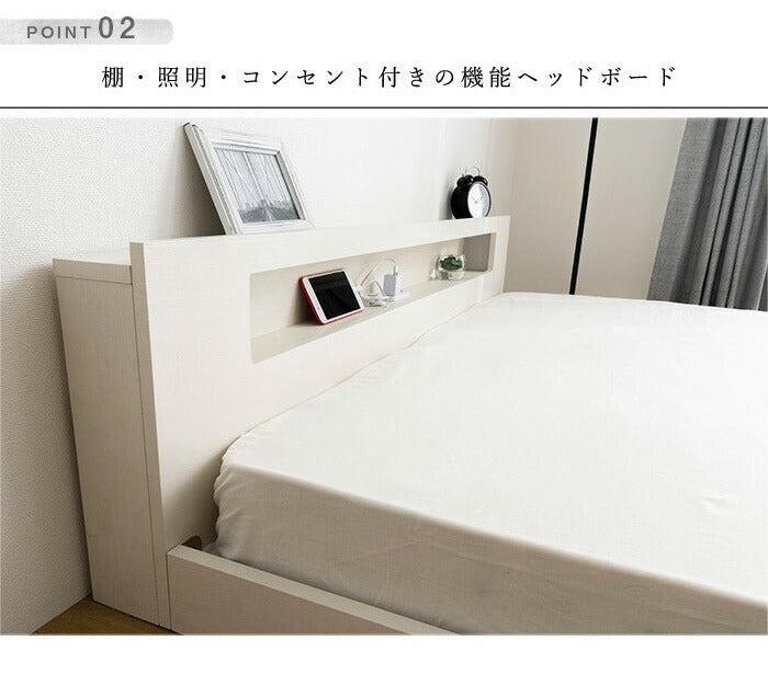 棚・コンセント・照明付きフロアベッド セミダブル タクナ ポケットコイルマットレス付き 照明付き すのこ板目仕様 ヘッドボード(代引不可)
