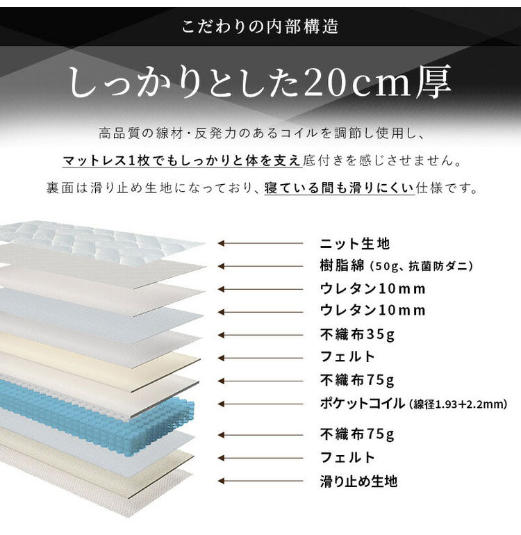 トリプルエッジサポート コイルマットレス 厚み20cm マットレス ポケットコイルマットレス シングル ニット生地 3Dメッシュ生地 ベッドマットレス ベッドマット 寝具 布団 通気性 新生活