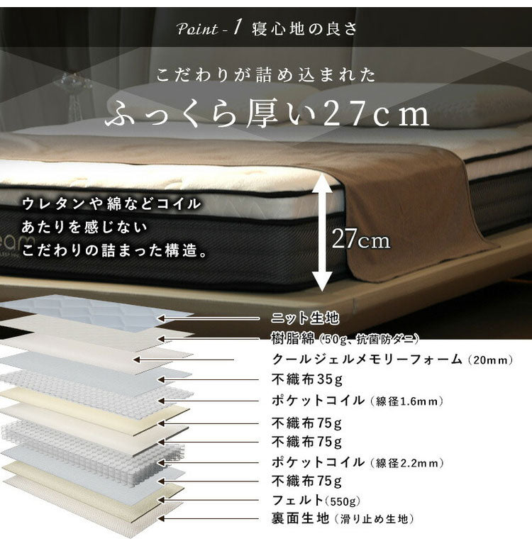 ダブルレイヤー ポケットコイルマットレス 極厚27cm ダブル 2層構造 高密度コイル 圧縮梱包 3Dメッシュ ベッドマットレス ダブルレイヤー 通気性 ベッドマット 寝具 高密度 コイルマットレス