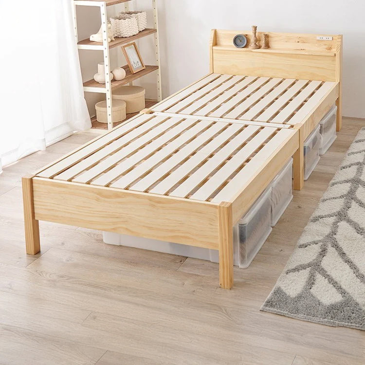 工具不要・簡単組立 すのこベッド シングル 耐荷重350kg ヘッドボード仕様 棚付き コンセント付き 宮付き 宮棚付き ベッドフレーム 木製 頑丈 北欧 ネジ無し シンプル(代引不可)
