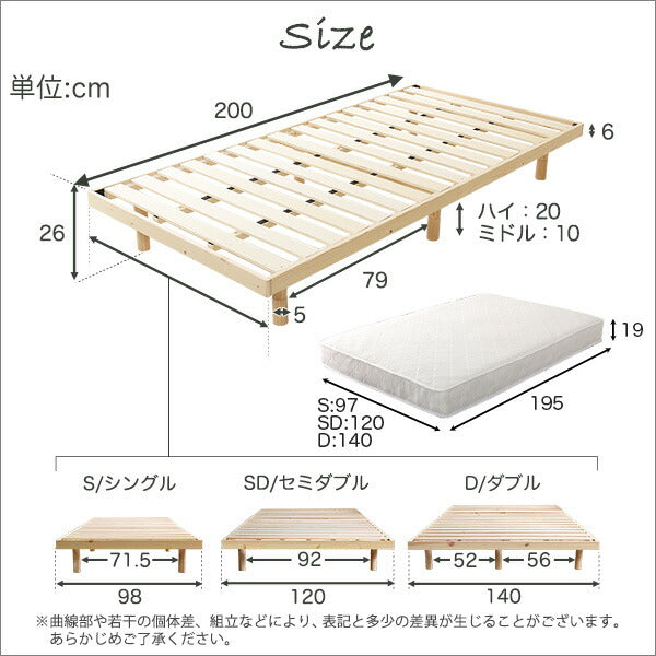 すのこベッド シングル 脚付き ポケットコイル マットレス セット 天然木 パイン材 高さ調節 通気 木製 低ホルム おしゃれ 北欧 ローベッド(代引き不可)