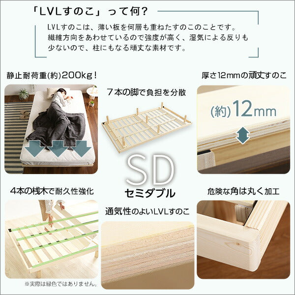 すのこベッド セミダブル 脚付き ポケットコイル マットレス セット 天然木 パイン材 高さ調節 通気 木製 低ホルム おしゃれ 北欧 ローベッド(代引き不可)