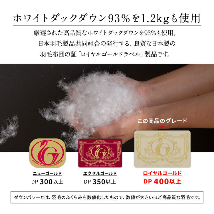 ロイヤルゴールドラベル 羽毛布団 93% 充填量1.0kg 日本製 ホワイトダックダウン シングルロング 150×210cm ダウンパワー400dp 国産 羽毛ふとん 掛け布団 羽毛 洗える 保温性 高級感 高品質
