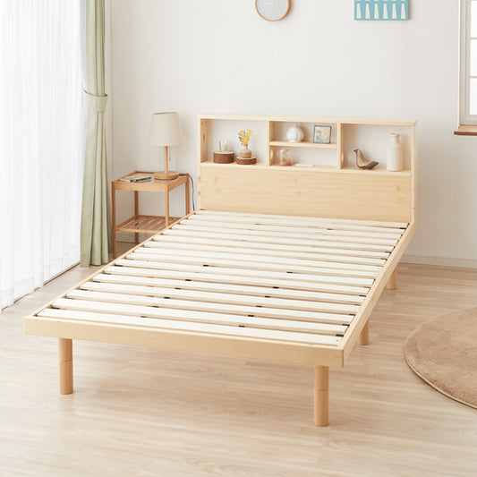 すのこベッド パイン材 シングル ベッドフレーム 宮付き 宮棚 棚付き ヘッドボード 2口コンセント付き 天然木 収納ベッド シングルベッド 木製ベッド 脚付きベッド 高さ調整 高さ調節