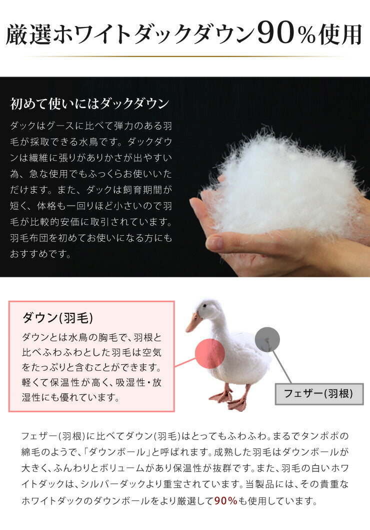 日本製 羽毛布団 シングルロング ホワイトダックダウン90% 充填量1.0kg 立体キルト 抗菌 アレルGプラス&2倍洗浄 350dp以上 かさ高145mm以上 掛け布団 国産