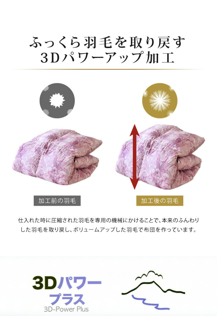日本製 羽毛布団 シングルロング ホワイトダックダウン90% 充填量1.0kg 立体キルト 抗菌 アレルGプラス&2倍洗浄 350dp以上 かさ高145mm以上 掛け布団 国産