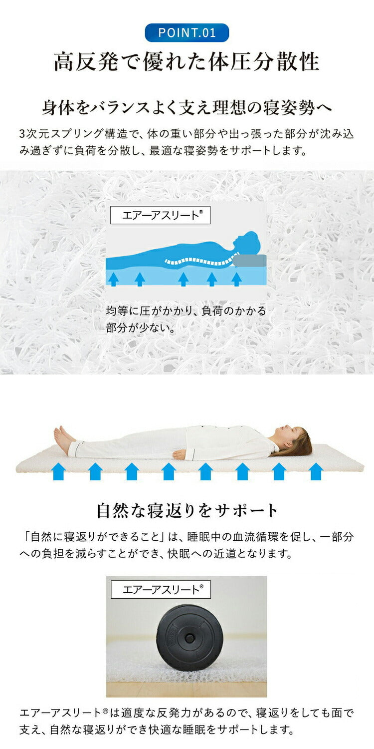 樹脂綿 全部洗える エアーアスリート 脱着式布団 日本製 ダブル 140×200cm 3次元スプリング構造 敷布団 マットレス 高反発 耐久性 通気性 透水性 体圧分散 ヘたりにくい 洗える(代引不可)