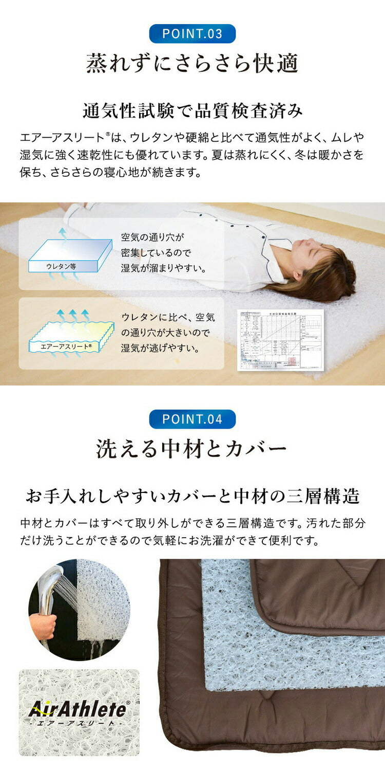 樹脂綿 全部洗える エアーアスリート 脱着式布団 日本製 ダブル 140×200cm 3次元スプリング構造 敷布団 マットレス 高反発 耐久性 通気性 透水性 体圧分散 ヘたりにくい 洗える(代引不可)