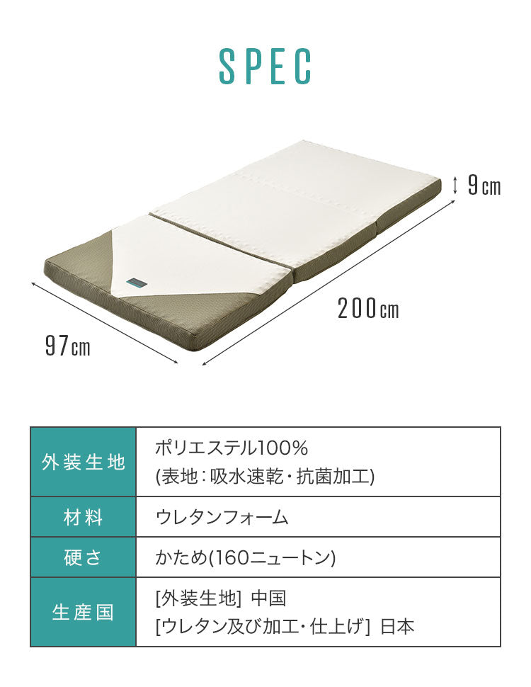 西川 三つ折り マットレス SUYARA 敷布団 シングル 97×200cm 厚み9cm 160ニュートン 体圧分散 高反発マットレス 点で支える 洗える