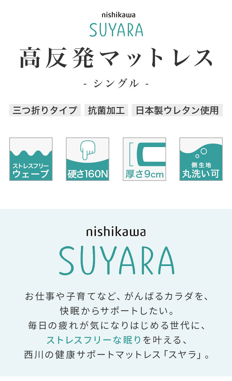 西川 三つ折り マットレス SUYARA 敷布団 シングル 97×200cm 厚み9cm 160ニュートン 体圧分散 高反発マットレス 点で支える 洗える