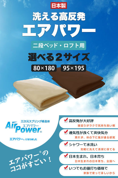 ちょっと小さめマットレス エアパワーSSS 80×180cm 二段ベッド用 マットレス 日本製 二段ベッド 高反発 洗える エアパワー トッパー 高反発 敷き布団 敷布団 丸洗い 軽い 小さめ 布団 二段ベッド用