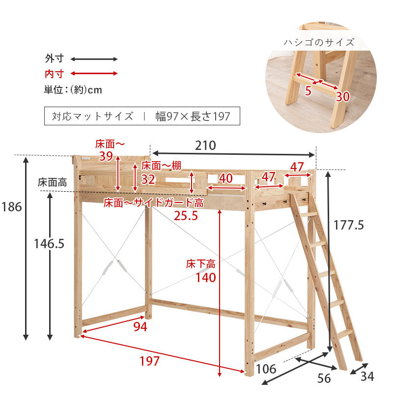 頑丈ロフトベッド 耐荷重350kg 敷布団OK ハイタイプ ベッド下140cm 天然木 シングル ロフトベット すのこベッド 宮付き 宮棚付き コンセント 子供用 新生活 北欧(代引不可)