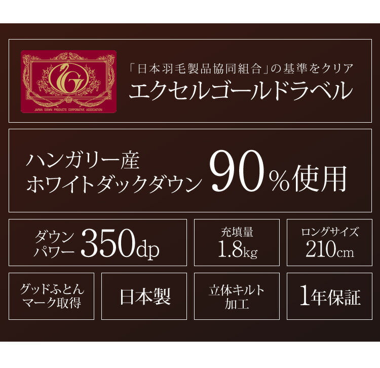 日本製 2枚合わせ 羽毛布団 クイーン エクセルゴールドラベル ハンガリー産ホワイトダックダウン90% 350dp 充填量1.8kg 立体キルト 国産 冬 暖かい あったか 合い掛け布団 肌掛け布団 羽毛掛け布団 (代引不可)【送料無料】