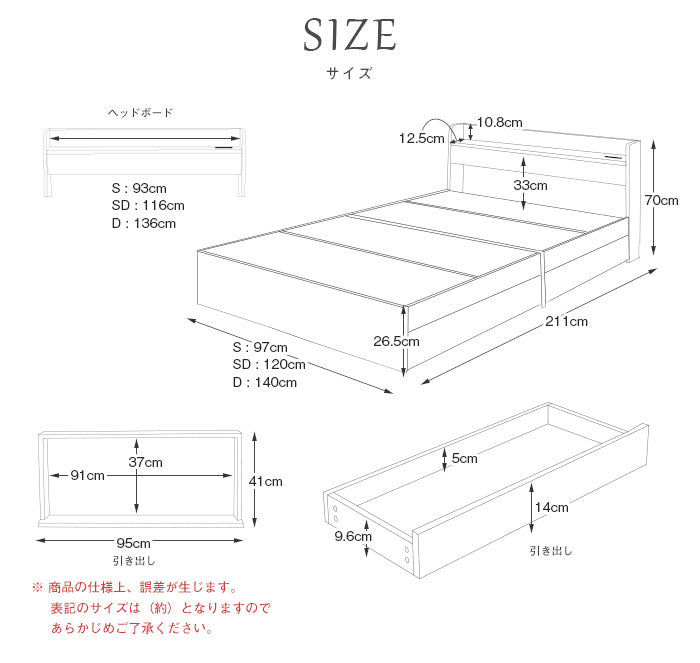 ルース ベッドフレーム セミダブルベッド 棚付き コンセント付き 収納付き ポケットコイル セット モノトーン 幅120cm(代引不可)