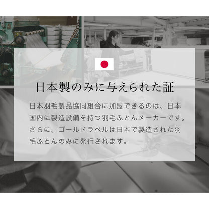 ロイヤルゴールドラベル 羽毛布団 93% 充填量0.8kg 日本製 ホワイトダックダウン シングルロング 150×210cm ダウンパワー400dp 国産 羽毛ふとん 掛け布団 羽毛 洗える 保温性 高級感 高品質【送料無料】