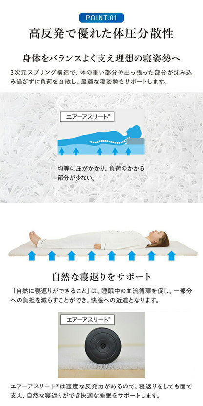 樹脂綿 全部洗える エアーアスリート 脱着式布団 日本製 ダブル 140×200cm 3次元スプリング構造 敷布団 マットレス 高反発 耐久性 通気性 透水性 体圧分散 ヘたりにくい 洗える(代引不可)